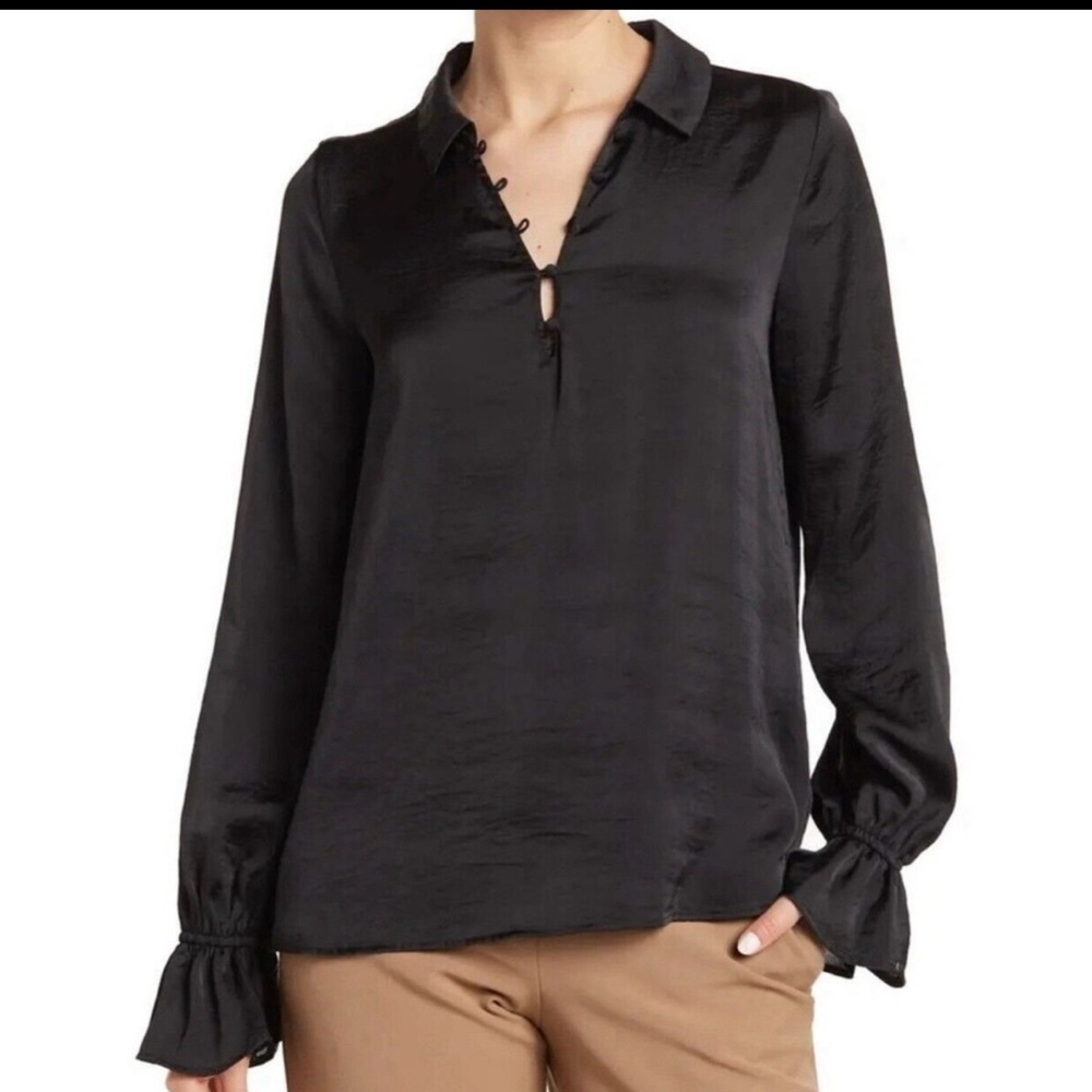 Paige Resa Satin Black Lightweight V-Neck Blouse Size L NWT
